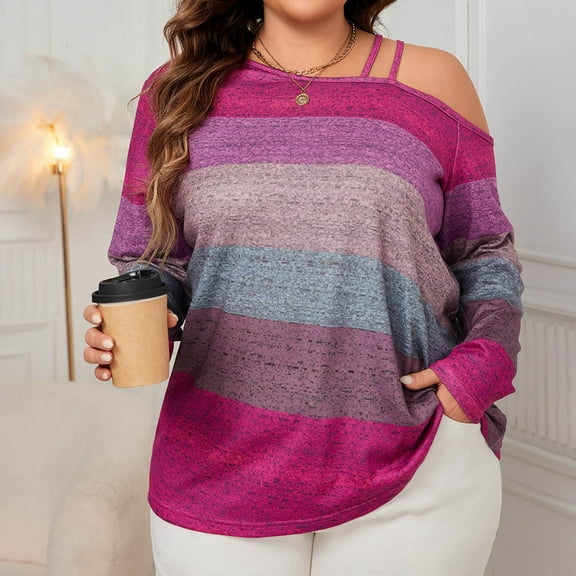 Horkkom Off The Shoulder Tops for Women Plus Size Long Sleeve Tops Color Block Spring Fall Tops Pink 3XL
