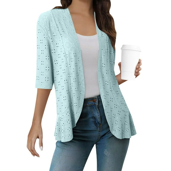 Horkkom Open Front Cardigan for Women Casual 3/4 Sleeve Lightweight Cardigans Solid Color Hollow out Summer Jackets Blue 2XL