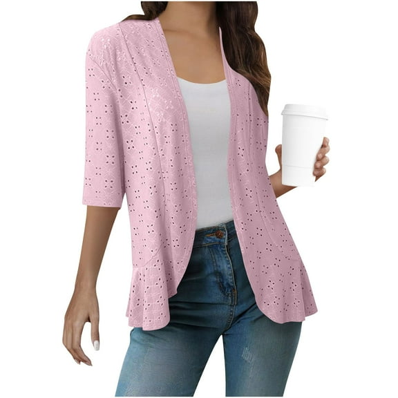 Horkkom Open Front Cardigan for Women Casual 3/4 Sleeve Lightweight Cardigans Solid Color Hollow out Summer Jackets Pink S