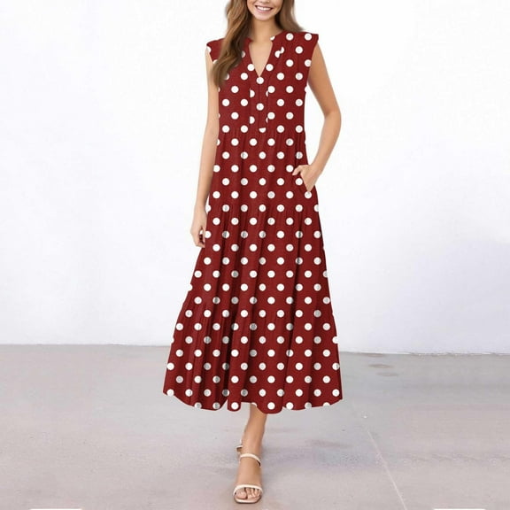 Horkkom Pleated Dress for Women Summer Casual Midi Dresses V Neck Polka Print Sleeveless Dress Beach Vacasion Tiered Dress Red 2XL