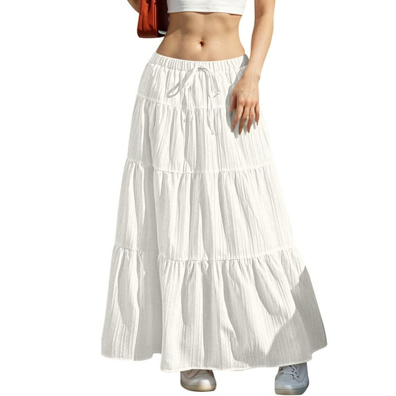 Horkkom Pleated Skirts for Women A Line Tiered Maxi Skirt Elastic Waist Drawstring Summer Skirts Solid Color Loose Long Skirts White S