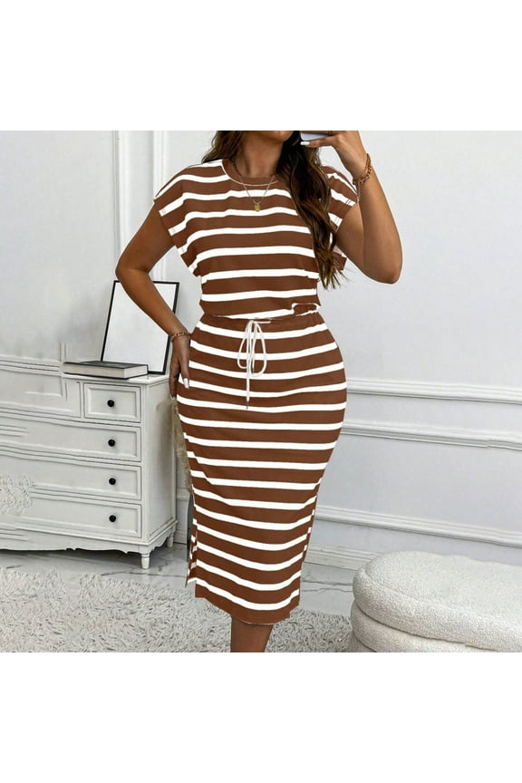 Plus Size Dress for Women Summer Striped Midi Dresses Casual Adjustable Waist Drawstring Vacation Dress