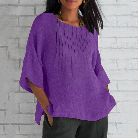 Horkkom Plus Size Tops for Women Summer Casual Linen Shirts Loose Pleated Solid Color 3/4 Sleeve Tops(S-5XL)