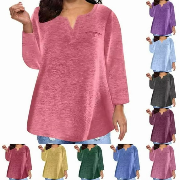 Horkkom Plus Size Tops for Women V Neck Solid Color Long Sleeve Shirts Fall Loose Casual Tops Pink L