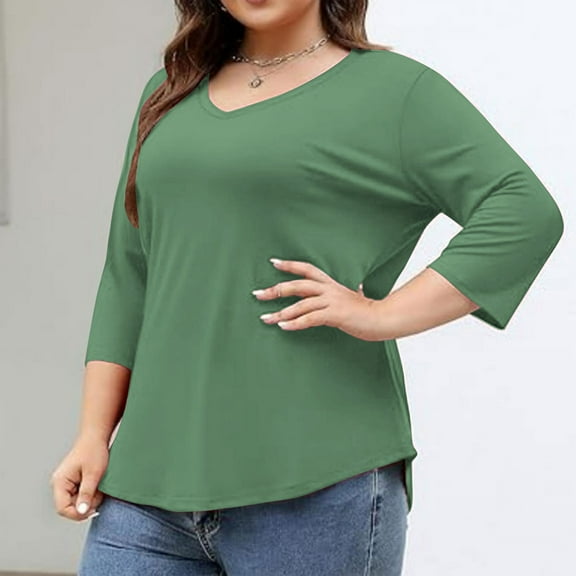 Horkkom Plus Size Tunic Tops for Women V Neck Solid Color 3/4 Length Sleeve Tops Fall Casual Tunic Tops Green 2XL