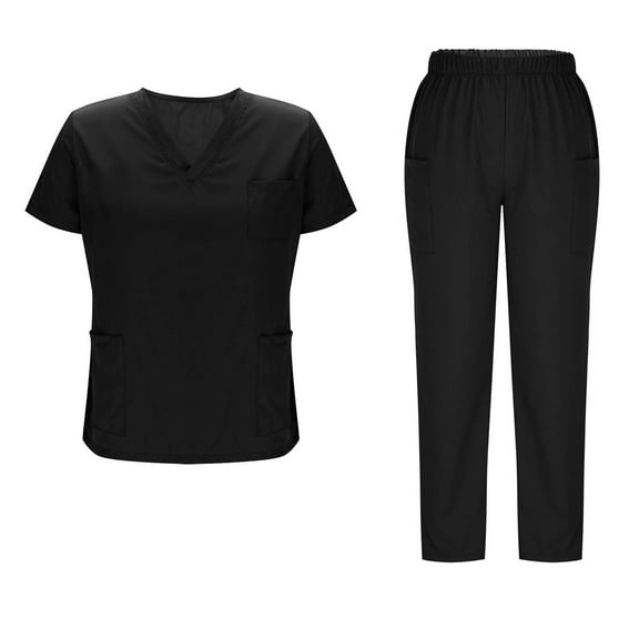 Horkkom Scrub Sets for Woman V Neck Short Sleeve Tops Elastic Waist Long Pants Nurse Scrubs Solid Color Uniforms with Pockets Black S