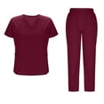 thumbnail image 1 of Horkkom Scrubs for Women Set V Neck Short Sleeve Tops Elastic Waist Long Pants Nurse Scrubs Solid Color Uniforms with Pockets Red S, 1 of 7