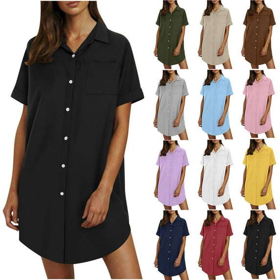 Horkkom Shirt Dresses for Women Summer Beach Mini Button Down Dress Solid Color Short Sleeve Sundresses with Pocket Black L