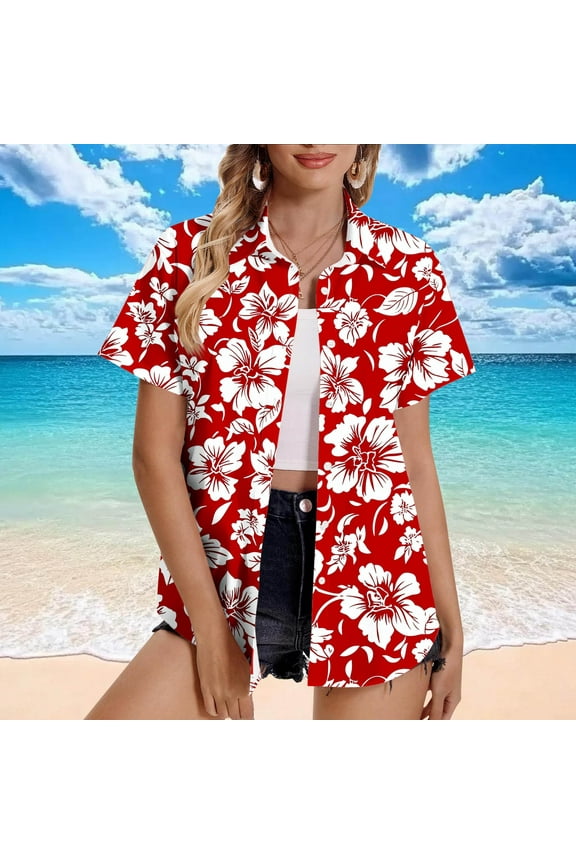 Short Sleeve Button Up Women Floral Print V Neck Plus Size Cardigan Summer Vacation Hawaiian Shirts Red 5XL
