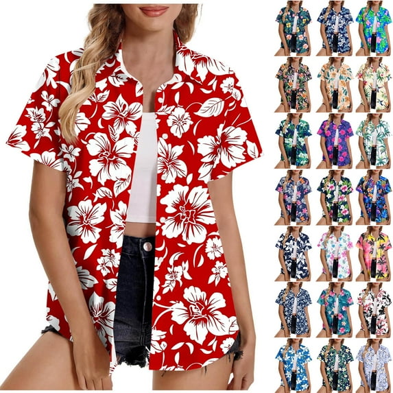 Horkkom Short Sleeve Button Up Women Floral Print V Neck Plus Size Cardigan Summer Vacation Hawaiian Shirts Red L