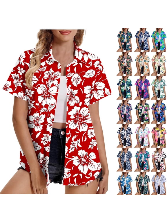 Short Sleeve Button Up Women Floral Print V Neck Plus Size Cardigan Summer Vacation Hawaiian Shirts Red L