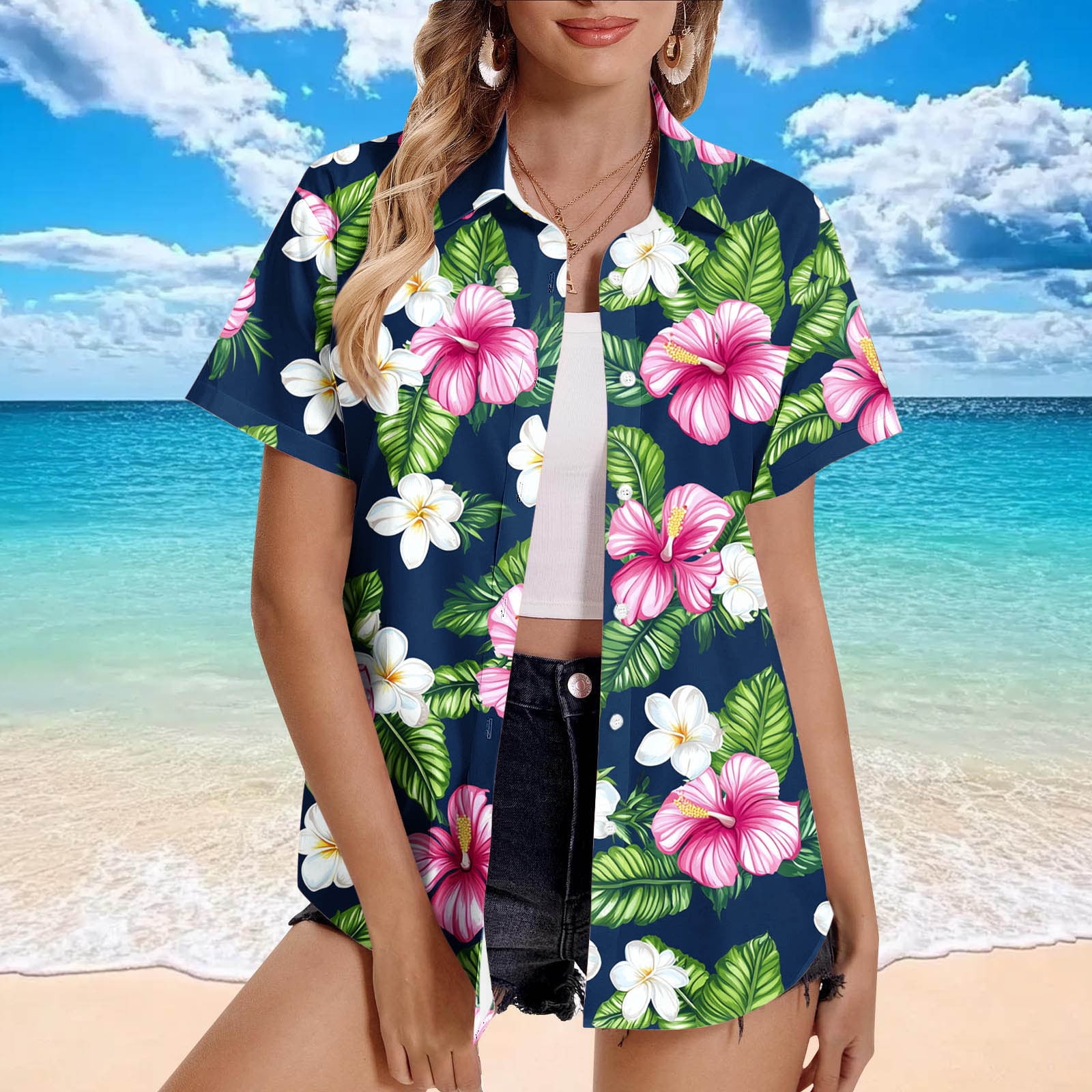 Horkkom Short Sleeve Button Up Women Summer Plus Size Hawaiian Shirts ...