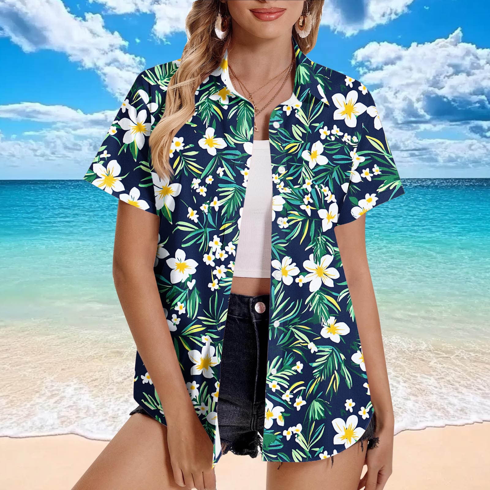 Horkkom Short Sleeve Button Up Women Summer Plus Size Hawaiian Shirts ...