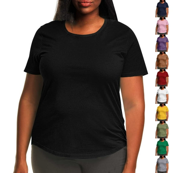 Horkkom Short Sleeve Shirts for Women Plus Size Solid Color T Shirts Summer Casual Crew Neck Tops Black L