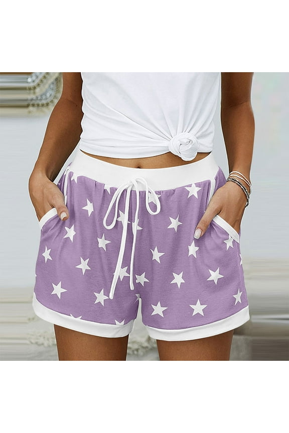 Sleep Shorts Women Elastic Waist Drawstring Star Print Pajama Shorts with Pockets Summer Casual Shorts