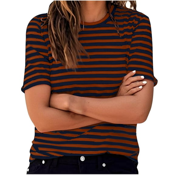Horkkom Striped Shirt Women Summer Casual Short Sleeve Shirts Breathable Comfy Crewneck T Shirts Red M