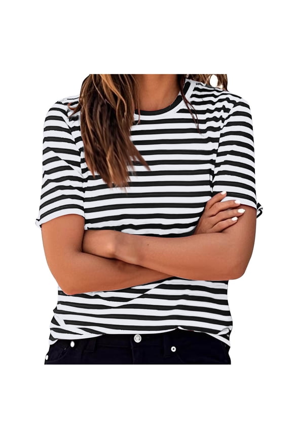 Striped Shirt Women Summer Casual Short Sleeve Shirts Soft Comfy Crewneck T Shirts Black M