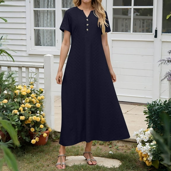 Horkkom Summer Dresses for Women 2025 Casual Beach Maxi Dresses V Neck Solid Color Short Sleeve Dress Button A Line Long Dresses Blue L