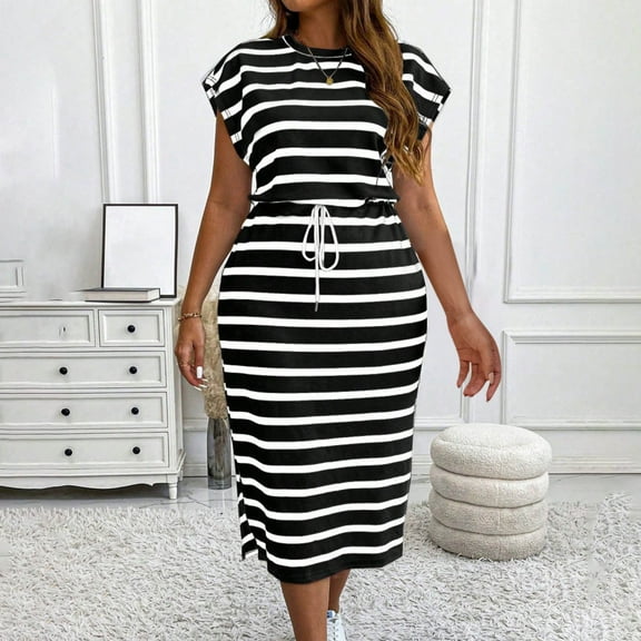 Horkkom Summer Dresses for Women 2025 Plus Size Striped Drawstring Midi Dresses Casual Vacation Dress