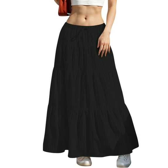 Horkkom Tiered Maxi Skirt, A Line Long Skirts for Women Solid Color Elastic Waist Pleated Skirts Summer Loose Maxi Skirts Black 2XL