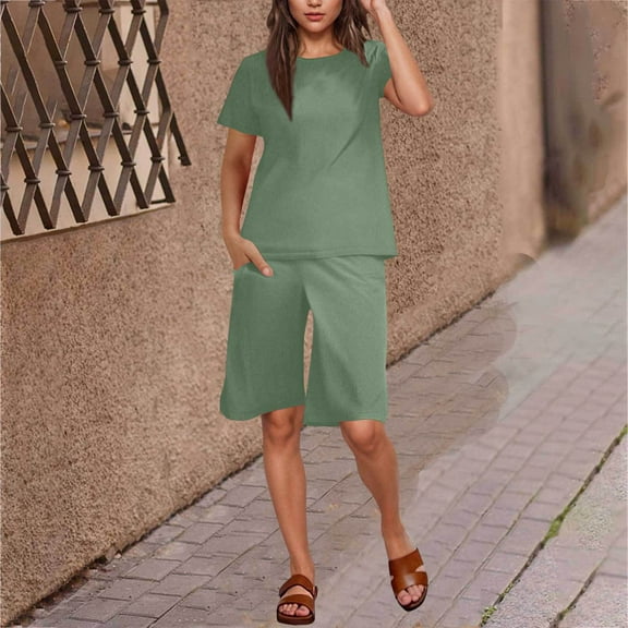 Horkkom Two Piece Sets for Women Summer Travel Vacation Outfits Linen Sets Crew Neck Short Sleeve Shirts Elastic Waist Shorts 2 Piece Sets Green 2XL