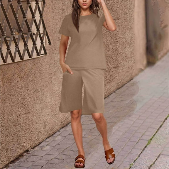 Horkkom Two Piece Sets for Women Summer Travel Vacation Outfits Linen Sets Crew Neck Short Sleeve Shirts Elastic Waist Shorts 2 Piece Sets Brown L