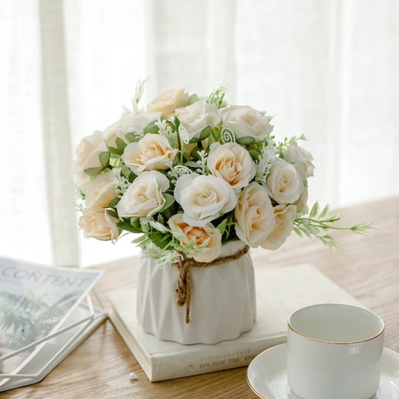 Summer Savings Clearance! InsCrazy Artificial Flowers with Small Ceramic Vase Fake Silk Party Office Spring Wedding Decoration