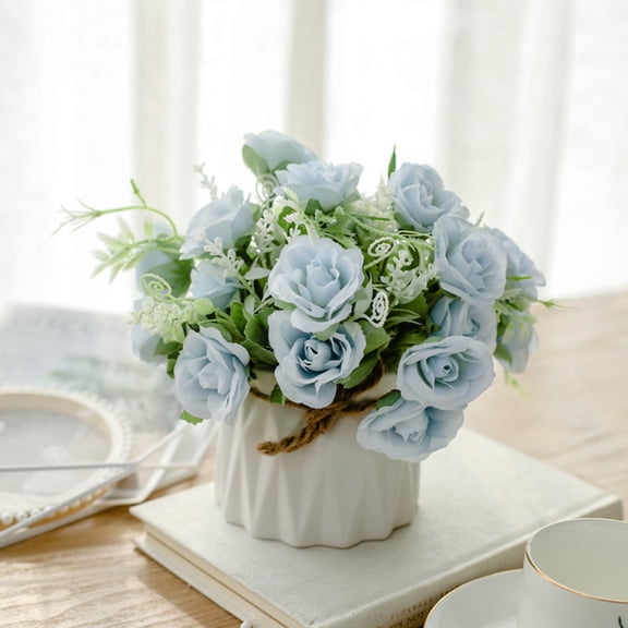Summer Savings Clearance! InsCrazy Artificial Flowers with Small Ceramic Vase Fake Silk Party Office Spring Wedding Decoration
