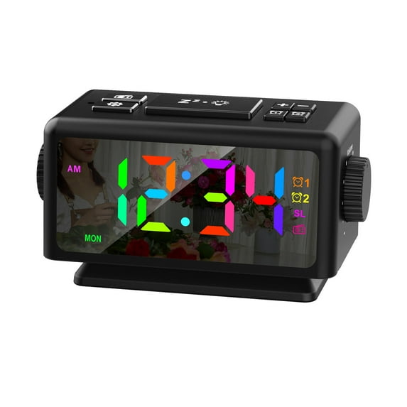 Zeceouar Perpetual Calendar FM Radio Alarm Clock RGB Colorful Mirror Large Screen Display Electronic Clock Suitable for Giving Holiday Gifts