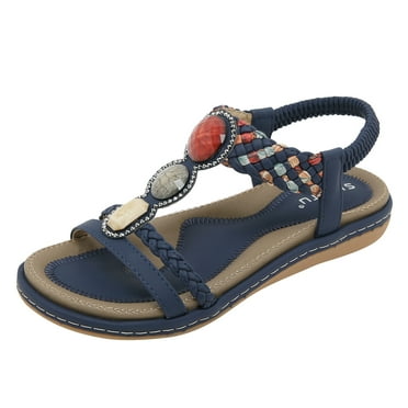 Fall Winter Savings Clearance! Itsun Flat Sandals for Women,Women Summer Sandals Flat Slip On Sandals Crystal Roman Shoes Open Toe Casual Sandals Blue US 5.5