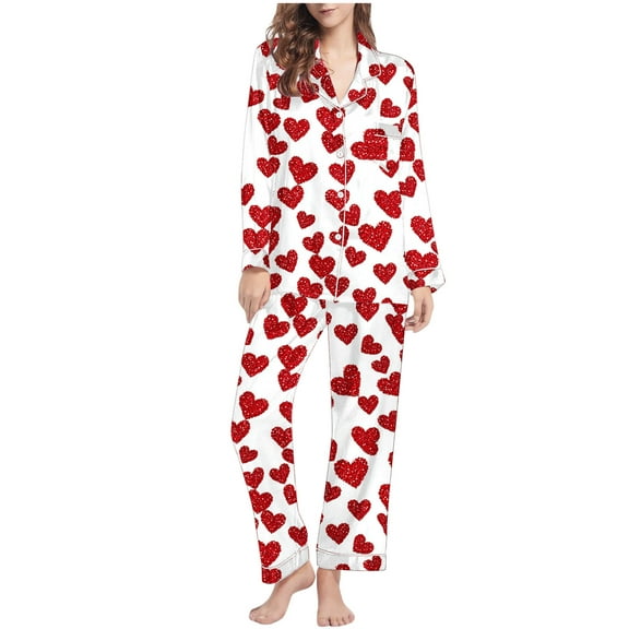 Iyufng Valentines Day Pajama Sets for Women Plus Size,Womens Pajama Sets Long Sleeve,Casual Fashion Valentine's Day Printed V-Neck Lapel Sleepwear Sets (Top+Pants) S-XXL