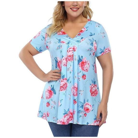 Summer Savings Clearance JASKFLY Womens Tops Plus Size Women Short Sleeve Printed V-Neck Boho Blouse Basic Tee Tunic Tops