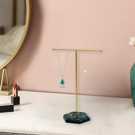 Jewelry Organizers and Storage QTOCIO Modern Jewelry Stand - T-Shape Metal Display Rack with Wood Base for Your Organizing Necklaces Bracelets And Earrings