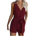 thumbnail image 1 of Summer Savings Clearance! KBODIU Jumpsuits for Women Casual V Neck Bow Pockets Sleeveless Wide Leg Pants Rompers Shorts Bodysuit for Women Wine XXL, 1 of 5