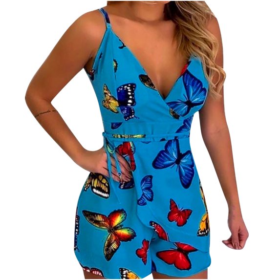 Summer Savings Clearance! KBODIU Jumpsuits for Women Leaf and Stripe Printed Sling Shorts with Belt Rompers Bodysuit for Women Blue XL