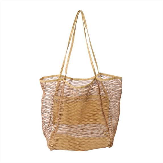 Kbndieu Beige Mesh Beach Tote Bag Womens Shoulder Handbag for Travel Vacation Gym