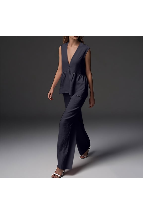 2PC Woman Round Neck Sleeveless Blouse +Loose Pockets Pants Sets