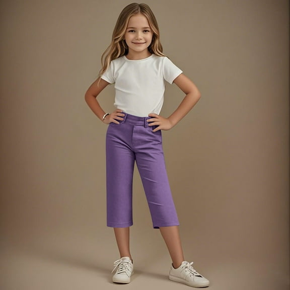 LADIGASU 4-14Years Kids Solid Color Elastic Waist Straight Pants Capris With Pocket