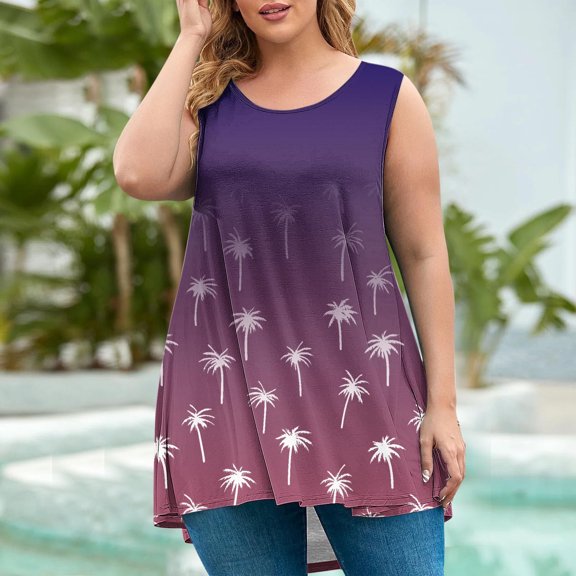 LADIGASU Women Round Neck Printing Oversized Sleeveless T-shirt Loose Tank Top Blouse