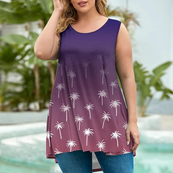 LADIGASU Women Round Neck Printing Oversized Sleeveless T-shirt Loose Tank Top Blouse