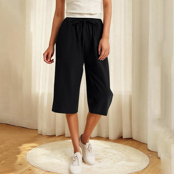 LADIGASU Women Summer Bandage Casual Loose Pockest Elastic Waist Trousers Capris Pants