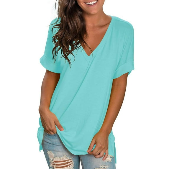 LADIGASU Women V-Neck Shoulder To Rolled Sleeve Short Sleeve Blouse Casual Solid Elegant Tops Blouse Loose T-Shirt
