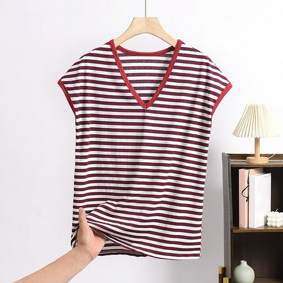 LADIGASU Women's Casual Loose Stripe V Neck Summer Thin Edition Short Sleeved Pajamas Tops
