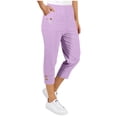 thumbnail image 1 of LADIGASU Women's Solid Color Stretch Waist Strap Pocket Zipper Pants 7 Quarter Pants, 1 of 9