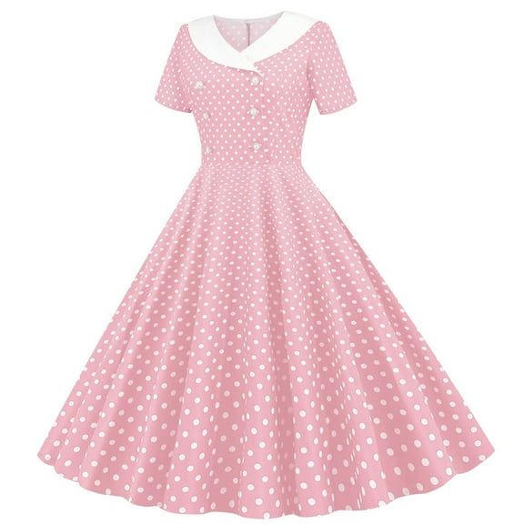 LADIGASU Womens A Line Flare Vintage Dress BowKnot Prom Short Sleeve Polka Printing