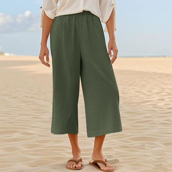 LADIGASU Womens Casual Solid Color Loose Pants Capris With Pocket