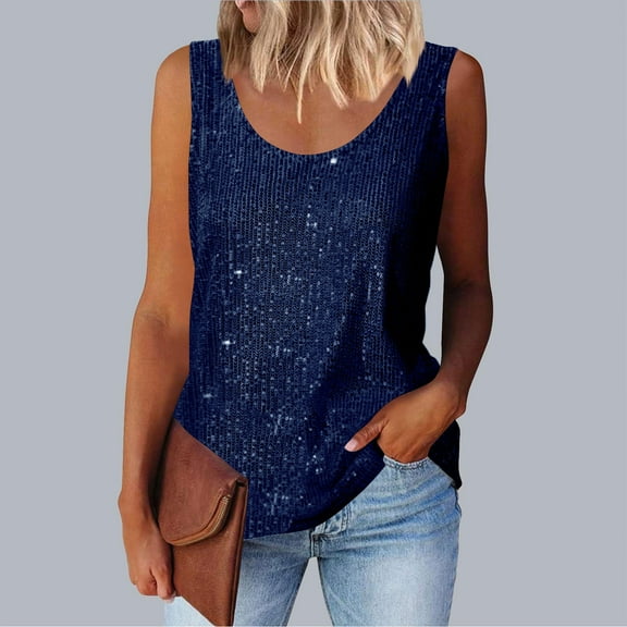 LADIGASU able Women's Spring And Summer Casual Sequin Round Neck Sleeveless