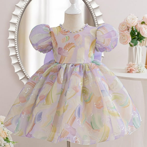 LADIGASU Girls' SummerShort Sleeve Ruffled Lace Round-Neck Embroidery Mesh Princess Bow Skirt