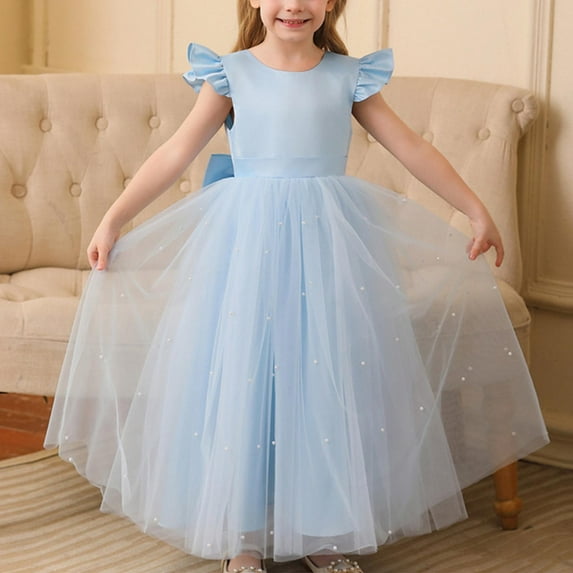 LADIGASU Girls' SummerShort Sleeve Ruffled Lace Round-Neck Embroidery Mesh Princess Bow Skirt