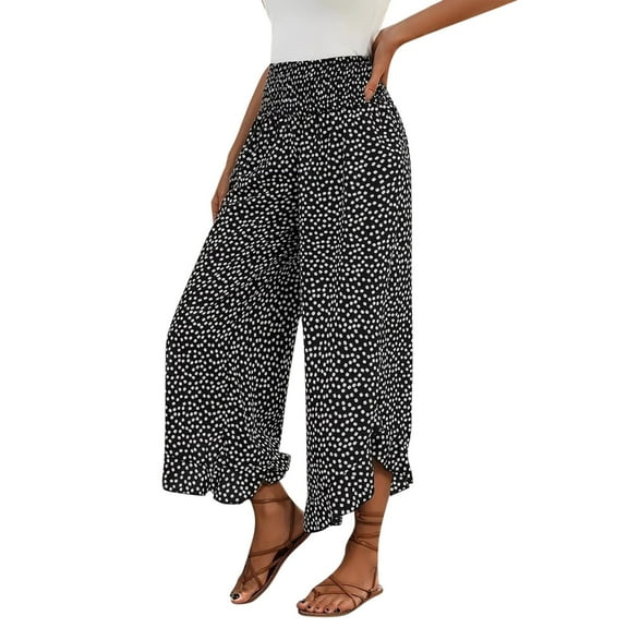 LADIGASU Ladies' Casual Polka Loose High Waist Cinched Waist Wide Leg Pants Cropped Pants